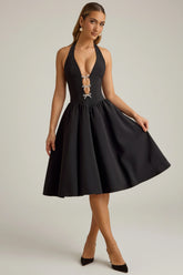 Halterneck Bow-Detail Midi Dress in Black