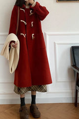 Petite Red Thickened Wool Horn Button Christmas Outerwear