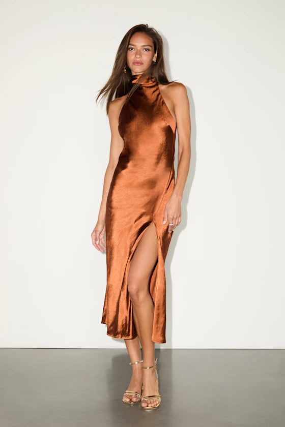 Exceptional Status Rust Halter Backless Slip Midi Dress