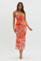 Fortune Lace Trim Mesh Midi Dress Orange
