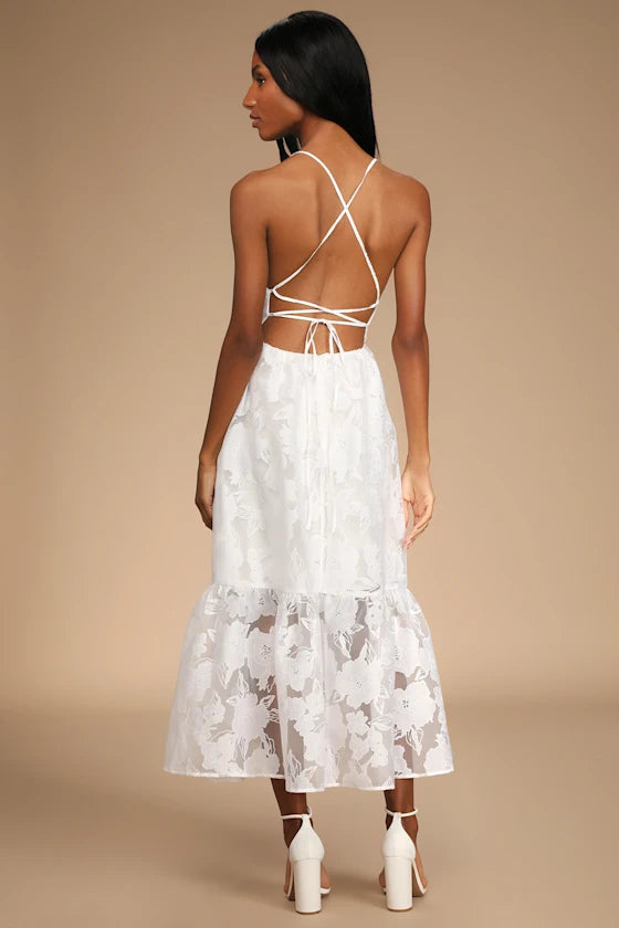 Feeling Like Forever White Jacquard Organza Lace-Up Midi Dress