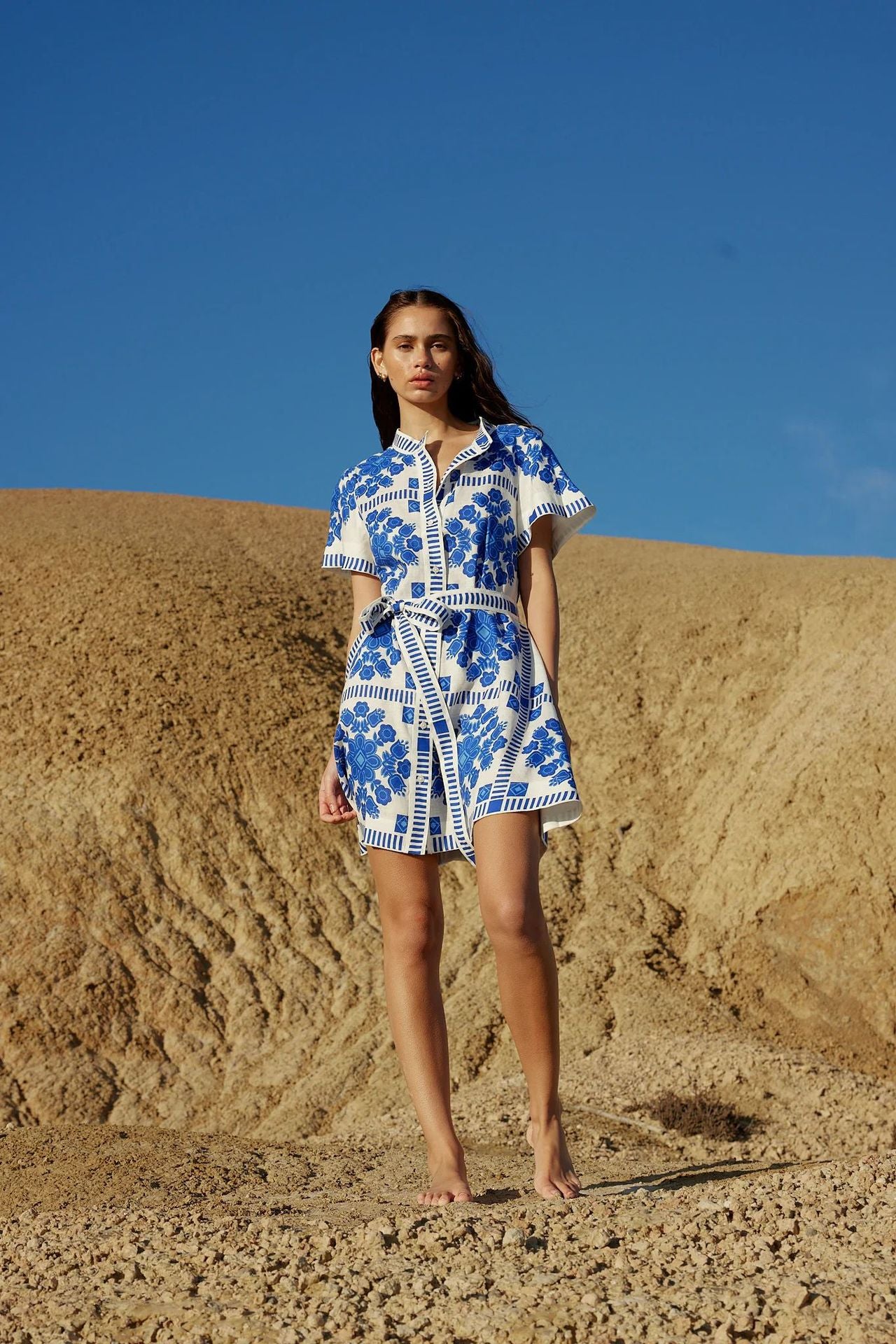 Printed Tie Waist Short Sleeve Mini Dress