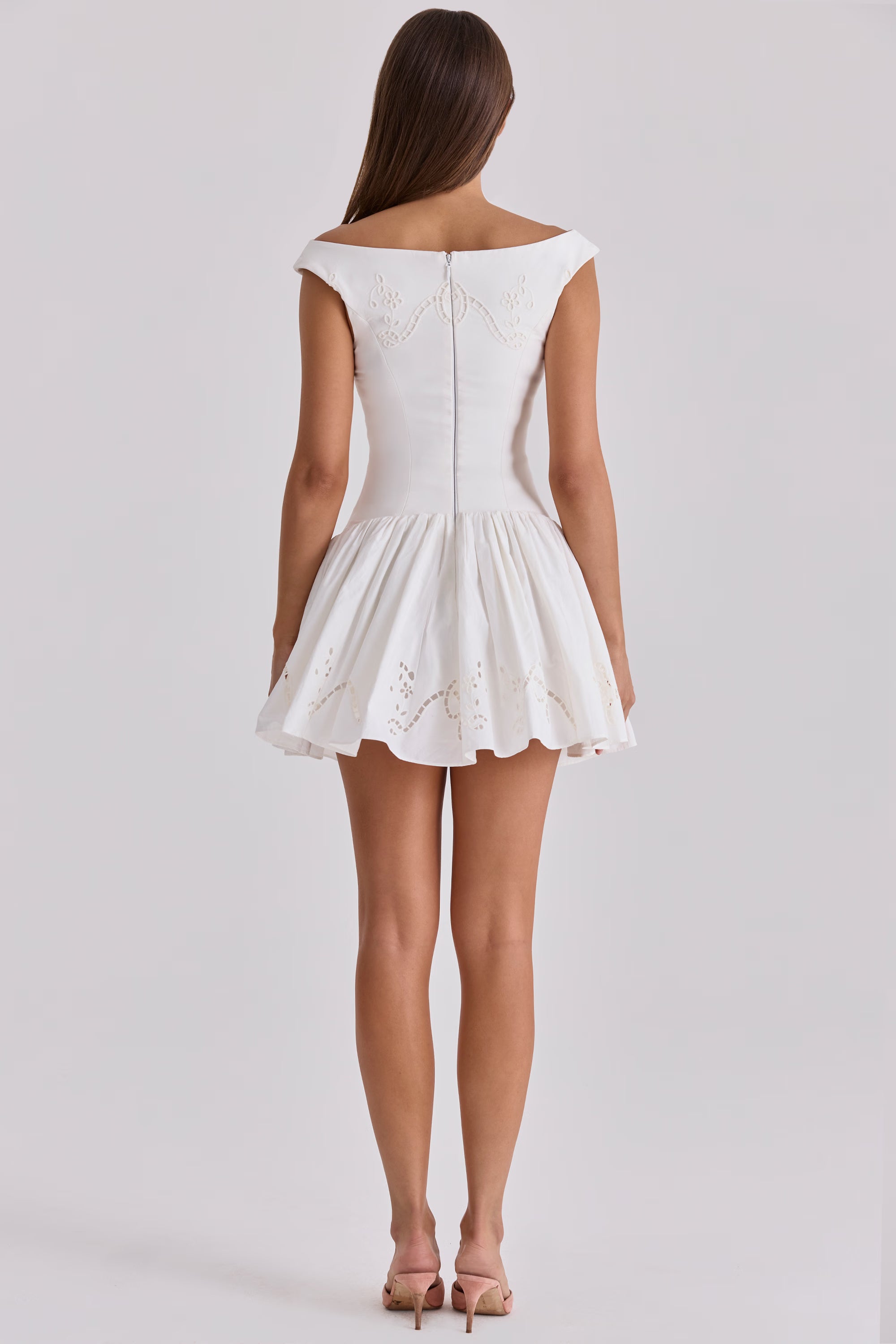 White Cotton Broderie Anglaise Boat Neck Mini Dress