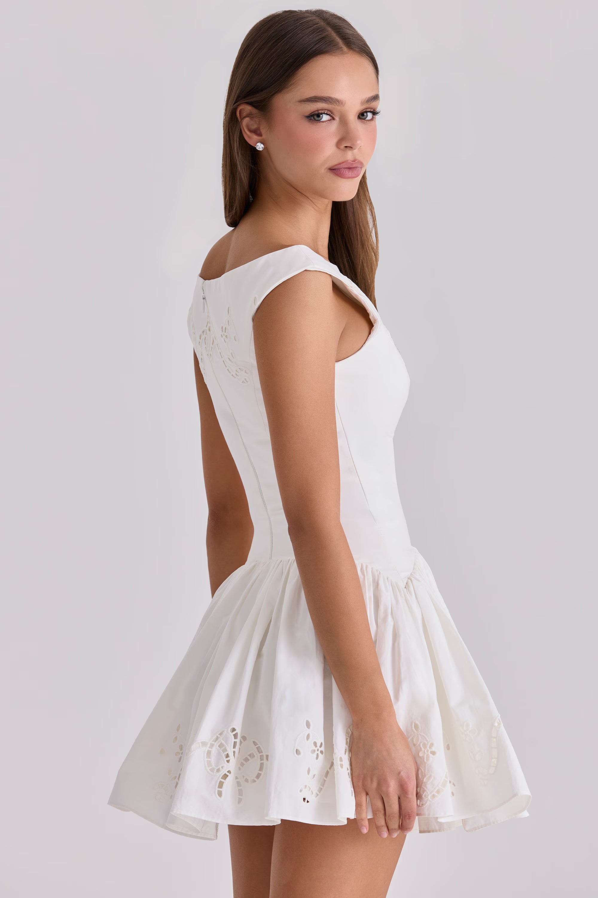 White Cotton Broderie Anglaise Boat Neck Mini Dress