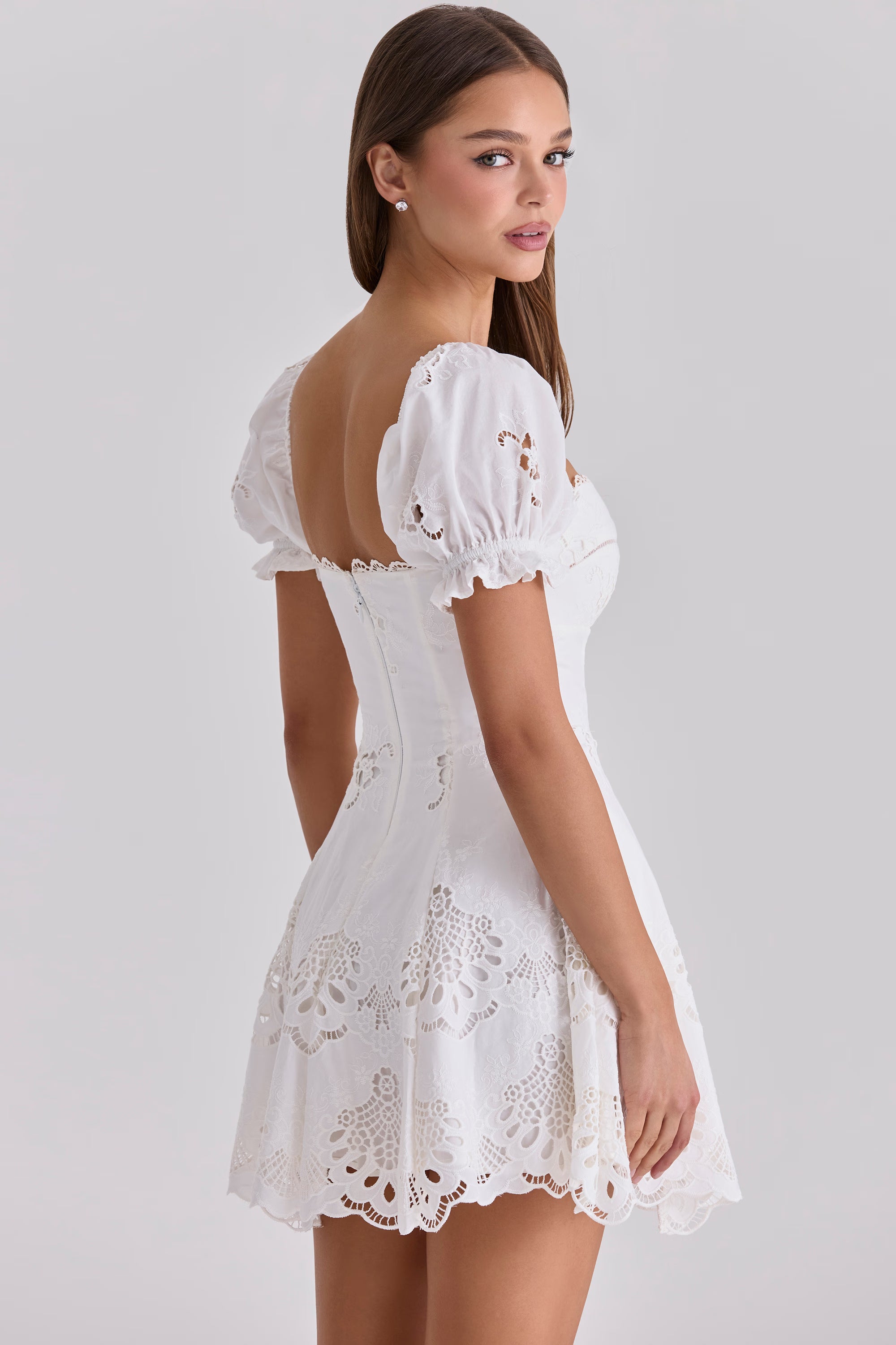 white custom lace + cotton broderie anglaise mini dress