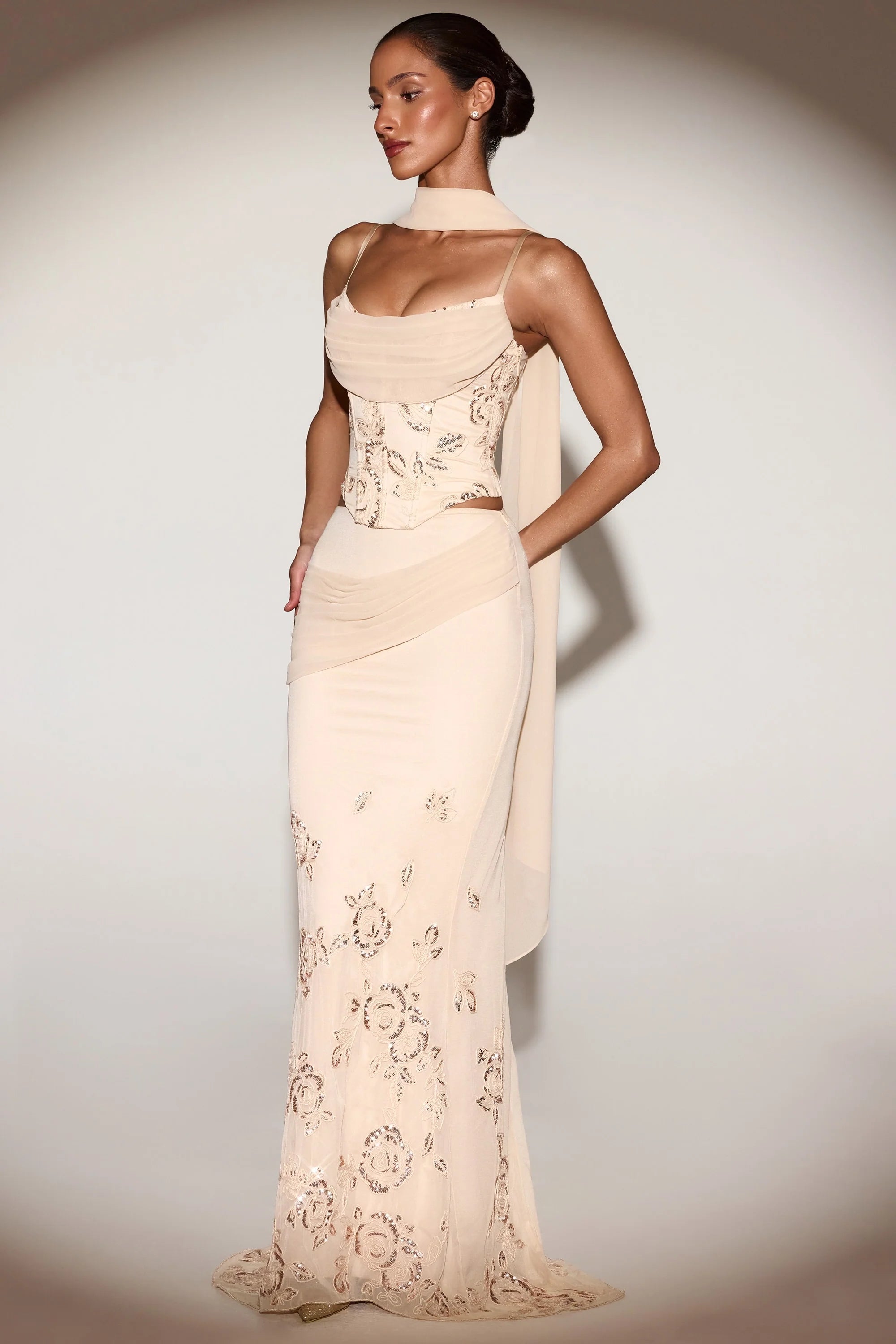 Embellished Lace-Up Corset Top With Scarf in Gold