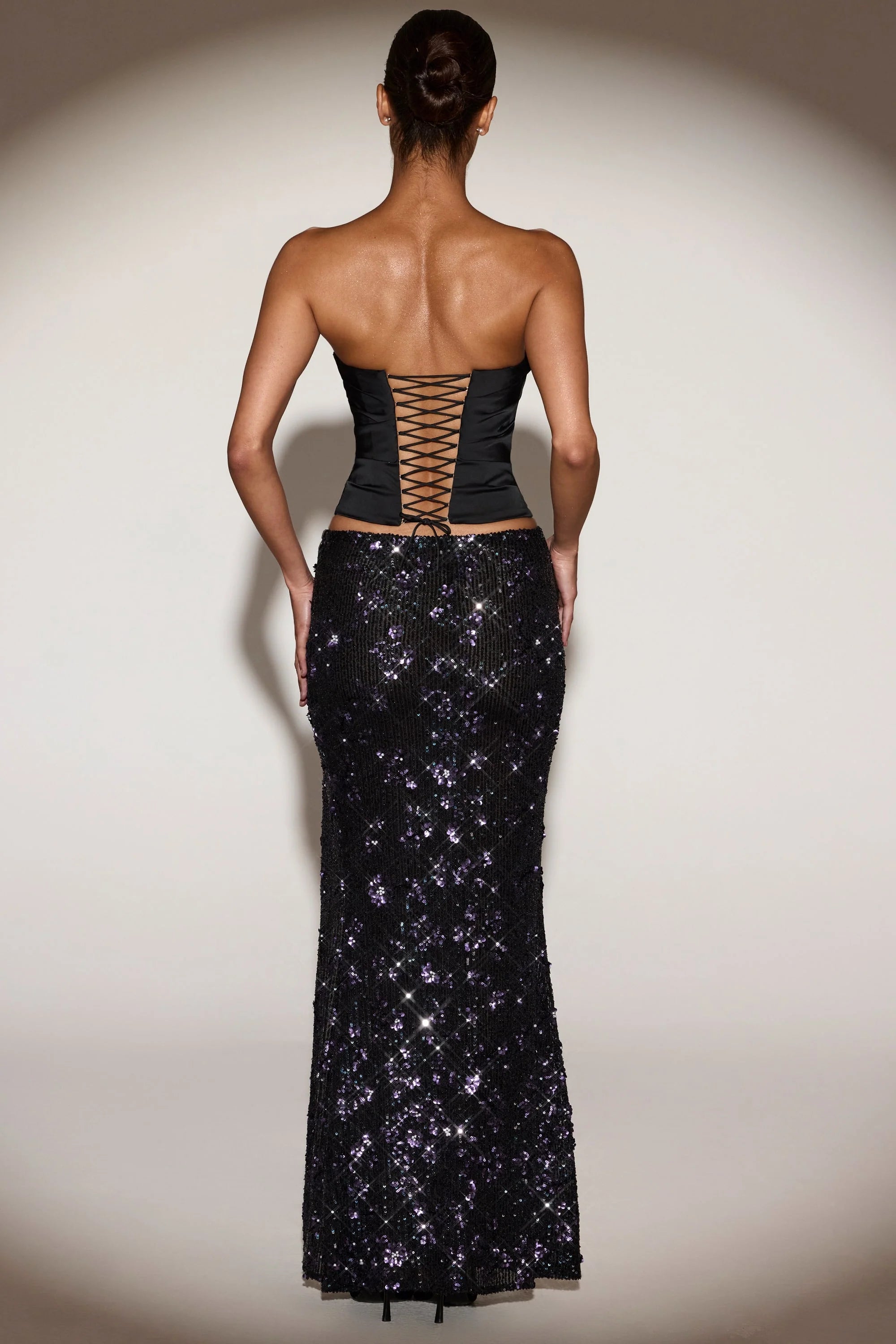 Embellished Mid-Rise Maxi Skirt in Black Purple
