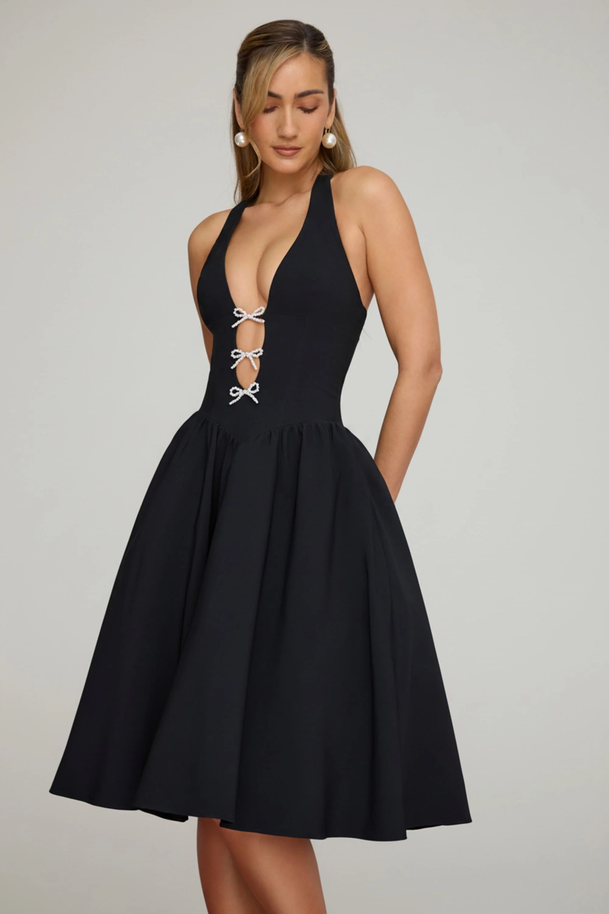 Halterneck Bow-Detail Midi Dress in Black