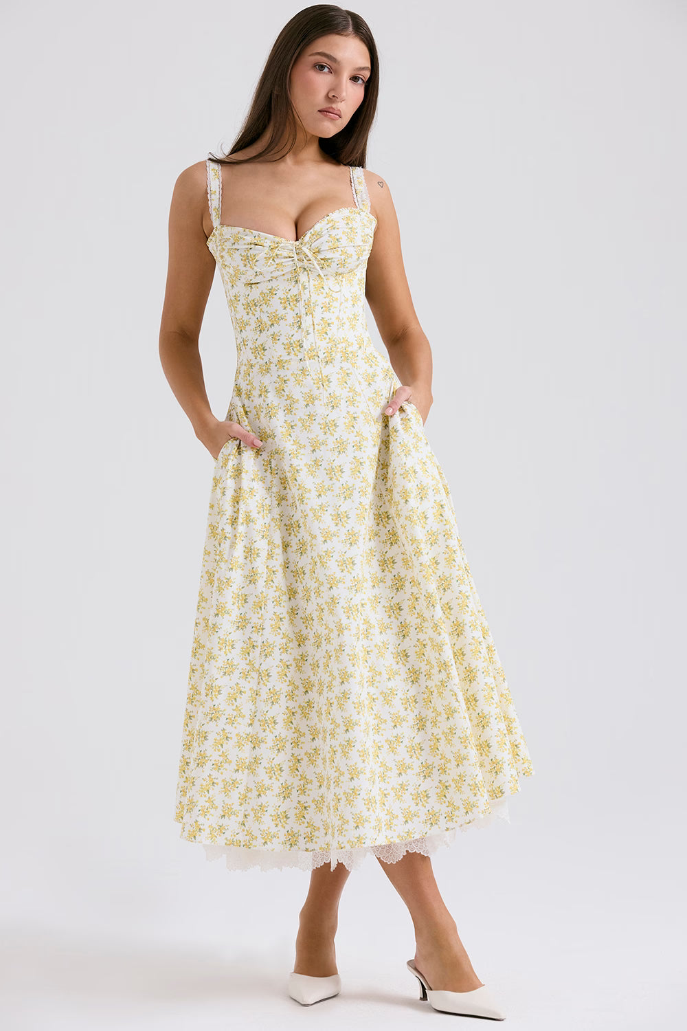white vintage floral print cotton bustier sundress